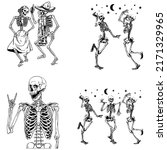 dancing skeleton with black color, Happy dancing skeletons on Halloween. Isolated vector illustration. Contour graphics for posters and banners
