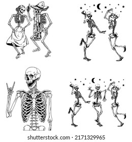 dancing skeleton and black color  Happy dancing skeletons Halloween  Isolated vector illustration  Contour graphics for posters   banners
