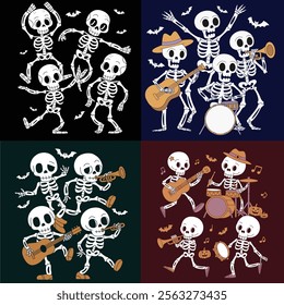  dancing skeleton Bundle Illustration fun movements With Musical Instrument Urban Style Artwork  graphic t-shirt design, tropical print, vector illustration eps