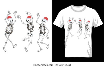 Dancing Skeleton Christmas T-Shirt Design with Lights. Download now Print-Ready File.