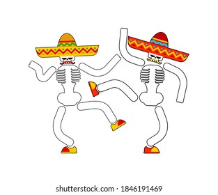 Dancing skeleton. Day of dead in mexico. Skull in sombrero isolated. Dia de los Muertos Mexican holiday sign