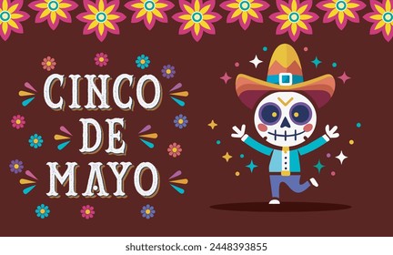 Dancing skeleton. Dia de los muertos. Dead day party, sugar skull. Cinco de mayo vector illustration for wishes, greeting, advert