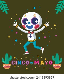 Dancing skeleton. Dia de los muertos. Dead day party, sugar skull. Cinco de mayo vector illustration for wishes, greeting, advert