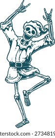 Dancing Skeleton in Elf Costume, Hand Drawn Vintage Christmas Cartoon Vector Illustration