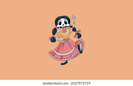 Dancing skeleton girl with braids, colorful dress, and playful expression.