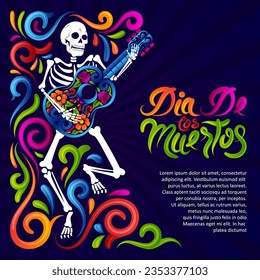 Dancing skeleton with guitar, Dia de Muertos Skull with vibrant color mexican Ornament design