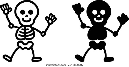 Dancing Skeleton Icon Set, Fun Halloween Cartoon Bone Silhouette Vector Illustration