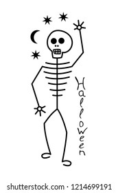 Dancing skeleton of a man with the moon and stars. Halloween. The day of the Dead. Character drawing. Vector picture.