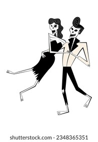 Dancing skeleton pair characters. Skeleton man and skeleton woman Halloween characters in rock retro style of 60's-70's. Day of the Dead skeleton pair.