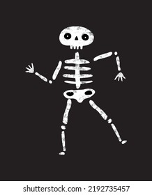 Dancing Skeleton Print. Cute Hand Drawn Halloween Vector Illustration with Cool White Human Skeleton on a Black Background. Funny Halloween Print ideal for Card, Poster.