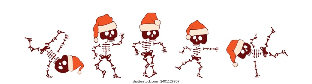 dancing skeleton in a Santa Claus hat. Set of dancing skeletons for a banner. flat illustration isolated on white background. retro style. Vector illustration