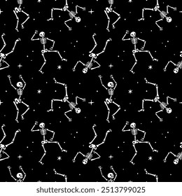 Dancing skeleton seamless pattern. Scary skulls and bones. Halloween cartoon characters. Creepy funny dead men party. Repeated spooky print. October holiday. Garish