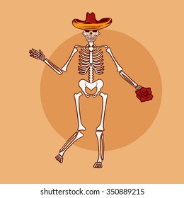 dancing skeleton in sombrero with flower vector illustration