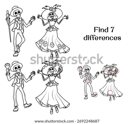 Dancing skeleton in a tuxedo and La Catrina. Day of the Dead. Find 7 differences. Tasks for kids. Coloring page.