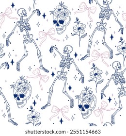 Dancing skeleton vector seamless pattern