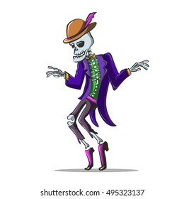 Dancing skeleton.Colorful hand drawn vector illustration in cartoon style. Isolated on white background. Could be used for Halloween decoration, prints, greeting card or invitation.