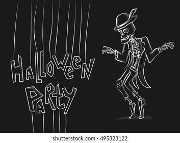 Dancing skeleton.Engraved hand drawn vector illustration. Chalkboard. Could be used for Halloween decoration, prints, greeting card or invitation.