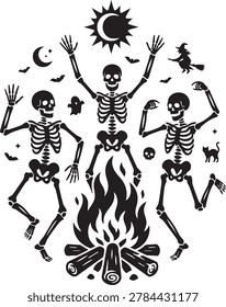 Dancing skeletons around campfire flying witch bat silhouette halloween vector graphic design