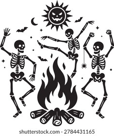 Dancing skeletons around campfire under spooky sun silhouette halloween vector graphic design