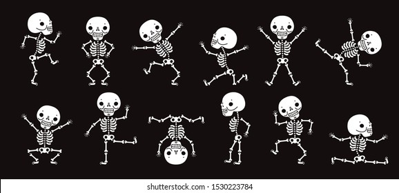 Dancing skeletons. Cute halloween skeleton dancers, funny horror characters vector isolated set