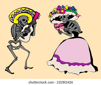 Dancing skeletons. Day of the dead vector illustration