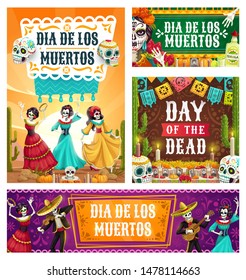 Dancing skeletons of Dia de los Muertos Mexican holiday vector design. Day of Dead altar with sugar skulls, Catrina Calavera and mariachi with sombrero and guitar, marigold flower and festive bunting