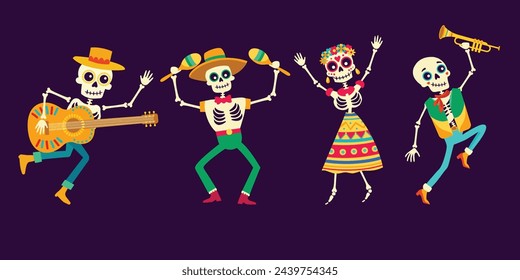 Dancing skeletons. Dia de los muertos. Dead day party, sugar skull. Cinco de mayo mexican set of vector illustrations.