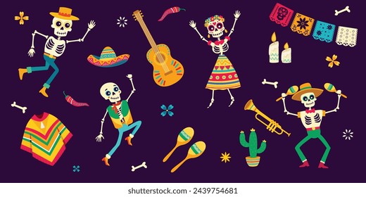 Dancing skeletons. Dia de los muertos. Dead day party, sugar skull. Cinco de mayo mexican set of vector illustrations.