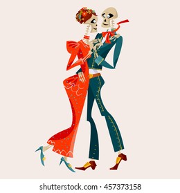 Dancing skeletons. Dia de Muertos. Mexican tradition. Vector illustration