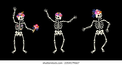 Dancing skeletons in floral wreaths. Every skeleton can be used separately. Vector illustration