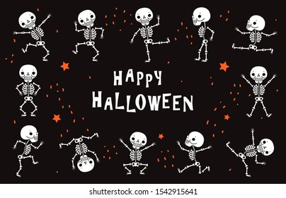 Dancing skeletons. Funny white human bones in dance. Halloween vector black poster in horror style