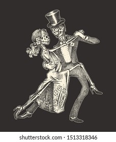 Dancing skeletons. Halloween banner template. Day of the dead. Hand drawn engraved sketch for tattoo, t-shirt or logo.