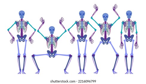 Dancing skeletons for Halloween. The human skeleton stands out against a white background. Retro concept of horror and anatomy. Vector illustration