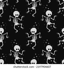 Dancing Skeletons. Skeletons dancing at a Halloween party. Abstract seamless pattern. Design for paper, textile and decor. Vector illustration. Happy Halloween!