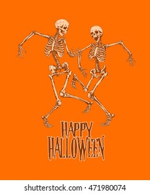 Dancing skeletons for Halloween party celebration poster. Vector illustration, graphics design