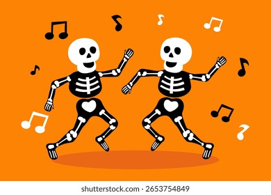 Dancing skeletons at a Halloween party. Vector illustration of dancing skeletons and flying notes. Cartoon skeletons dancing on an orange background.