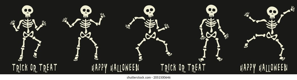 Dancing skeletons and "Happy Halloween" wish. Repeated rubber with funny skeletons and "trick or treat" words line.