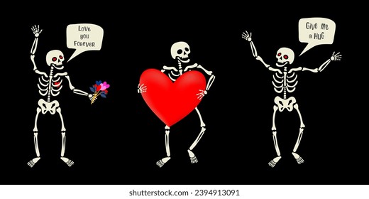 Dancing skeletons with hearts in their eyes. Every skeleton can be used separately. Vector illustration for Valentine's Day