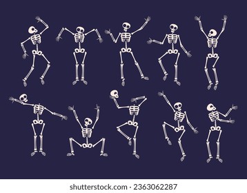 Dancing skeletons. Jump dance human skeleton funny death band, cute dead dancer character poses for fun halloween mystery party spine bones joints mascot vector illustration of skeleton halloween