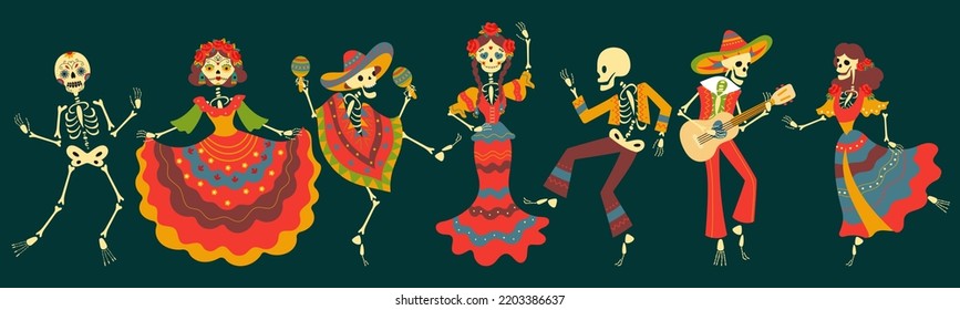 Dancing skeletons mexican festival characters. Skeleton jump and flamenco dance, day of dead or halloween spooky decorative nowaday vector symbols