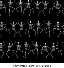 Dancing skeletons on a black background. Seamless background for fabrics, textiles, packaging and wallpaper. Retro Horror and Anatomy concept for Halloween. Vector image.