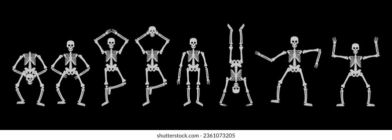 Dancing skeletons on black background, catoon halloween characters. Vector illustration.