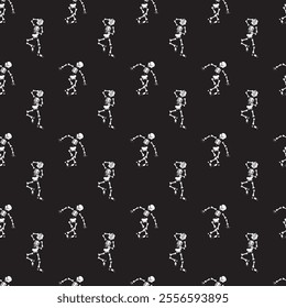 Dancing skeletons on a black background. Seamless pattern. Vector illustration.