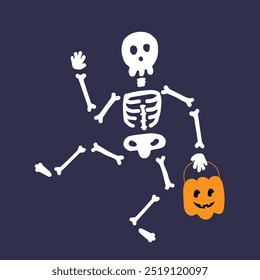 Dancing Skeletons with pumpkin jack o lantern Quirky White Skeleton Illustrations