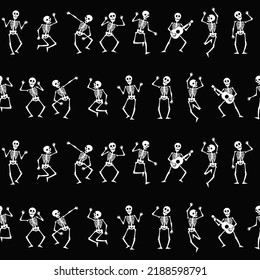 Dancing skeletons in a row. Halloween black white seamless pattern. Vector repeating time for fabric, textile, wrapping paper