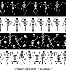 Dancing skeletons seamless borders set. Skeleton horizontal pattern vector illustration