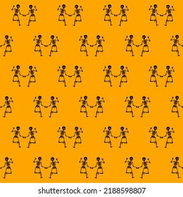 Dancing skeletons seamless pattern. Halloween skull background. Funny wrapping, textile, fabric, holiday wallpaper, orange black digital paper