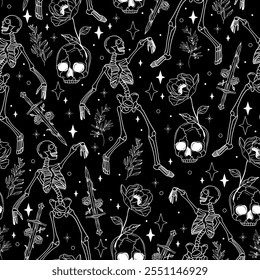 Dancing Skeletons and Skull with Flowers Seamless Pattern. Hand-Drawn Vector background