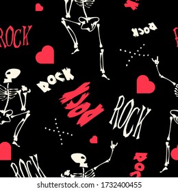 dancing skeletons, stars, the inscriptions "ROCK" and hearts are randomly located on a black background. rocker seamless pattern. vector