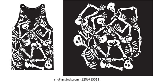 Dancing skeletons in various poses. Isolated black and white vector pattern. For print on t-shirt, sleeveless shirt, Happy Halloween background and more. 